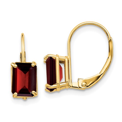 14k 7x5mm Emerald Cut Garnet Leverback Earrings
