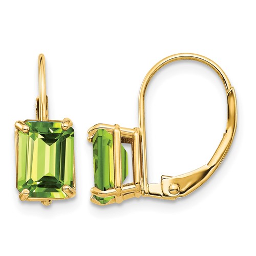 14K Yellow Gold 7x 5mm Emerald-cut Peridot Leverback Earrings