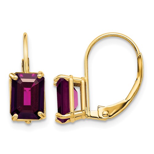 14K Yellow Gold 7x 5mm Emerald-cut Rhodolite Garnet Leverback Earrings