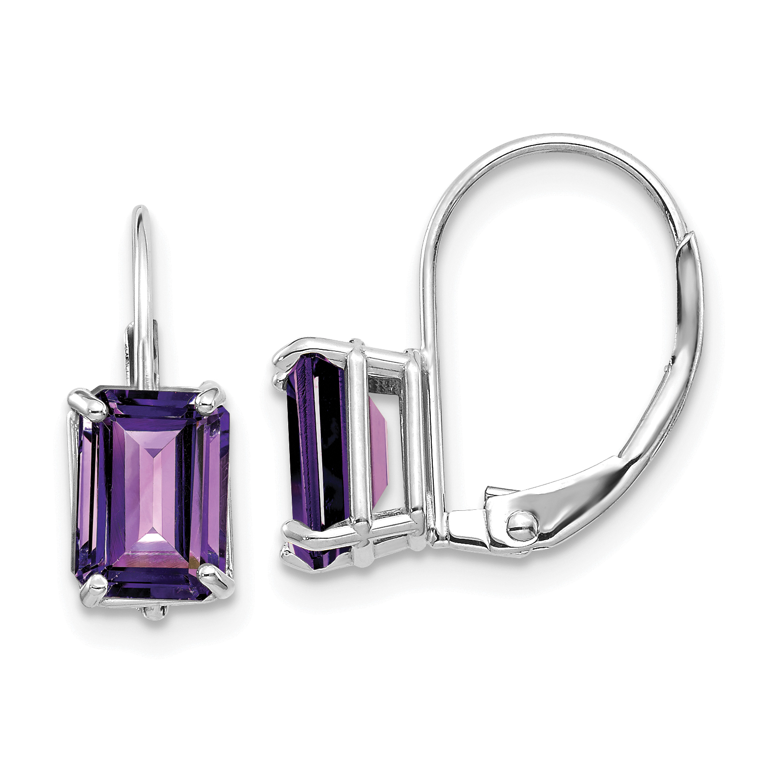 14k White Gold 7x5mm Emerald Cut Amethyst Leverback Earrings (XLB124WAM)