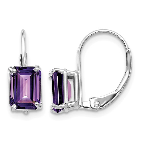14K White Gold 7x 5mm Emerald-cut Amethyst Leverback Earrings