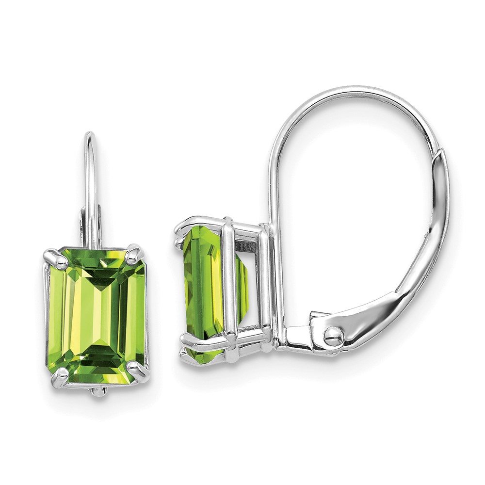 14k White Gold 7x5mm Emerald Cut Peridot Leverback Earrings (XLB124WPE)