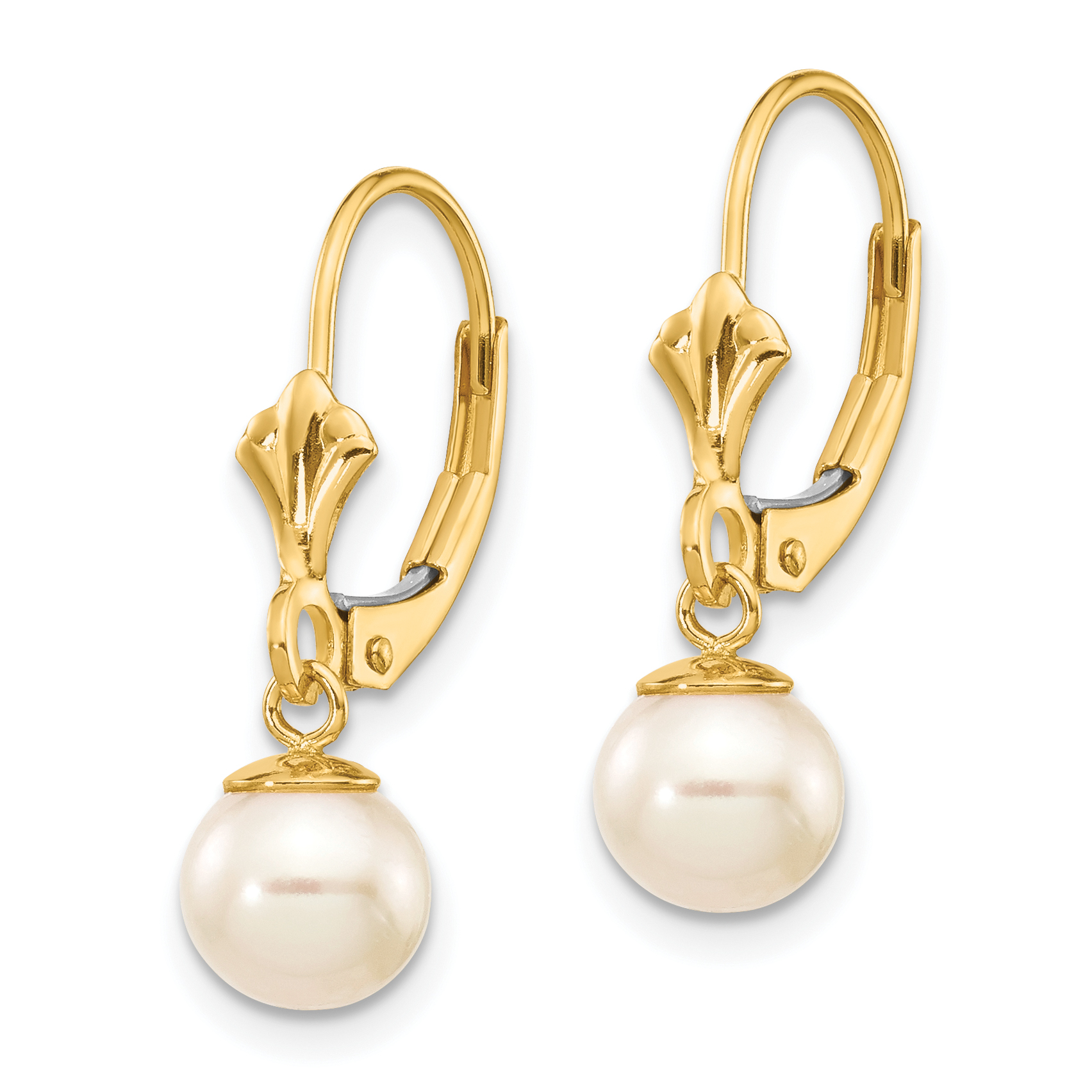 14k 6-7mm White Round Freshwater Cultured Pearl Dangle Leverback Earrings XLB154 - Picture 2 of 4