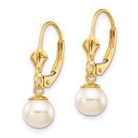 14K Yellow Gold 6-7mm White Round Freshwater Cultured Pearl Dangle Leverback Earrings view 2