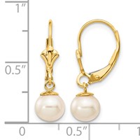 14K Yellow Gold 6-7mm White Round Freshwater Cultured Pearl Dangle Leverback Earrings view 4
