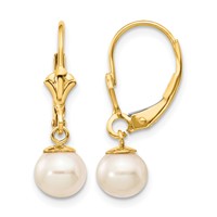 14K Yellow Gold 6-7mm White Round Freshwater Cultured Pearl Dangle Leverback Earrings view 1