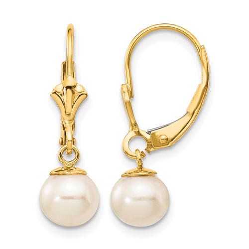 14K Yellow Gold 6-7mm White Round Freshwater Cultured Pearl Dangle Leverback Earrings