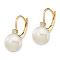 14K Yellow Gold 10-11mm White Button Freshwater Cultured Pearl and.10 Carat Diamond Leverback Earrings view 2