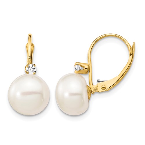 14K Yellow Gold 10-11mm White Button Freshwater Cultured Pearl and.10 Carat Diamond Leverback Earrings