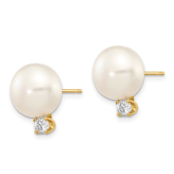 14k 10-11mm White Button Freshwater Cultured Pearl and .2 Carat Diamond Post Earrings