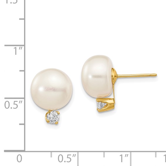 14k 10-11mm White Button Freshwater Cultured Pearl and .2 Carat Diamond Post Earrings