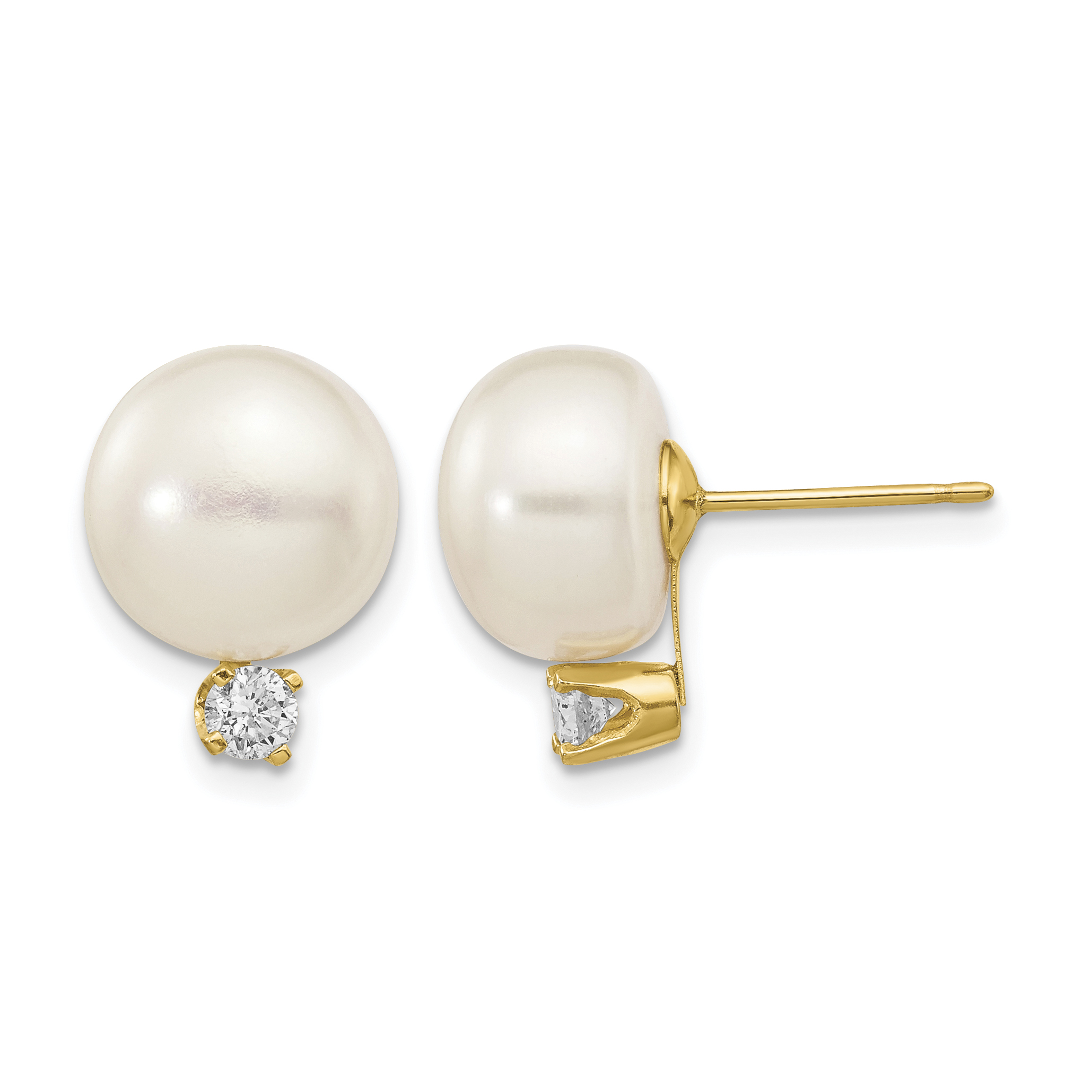 14k 10-11mm White Button Freshwater Cultured Pearl and .2 Carat Diamond Post Earrings (XLB158BL)