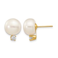 14K Yellow Gold 10-11mm White Button Freshwater Cultured Pearl and.2 Carat Diamond Post Earrings view 1