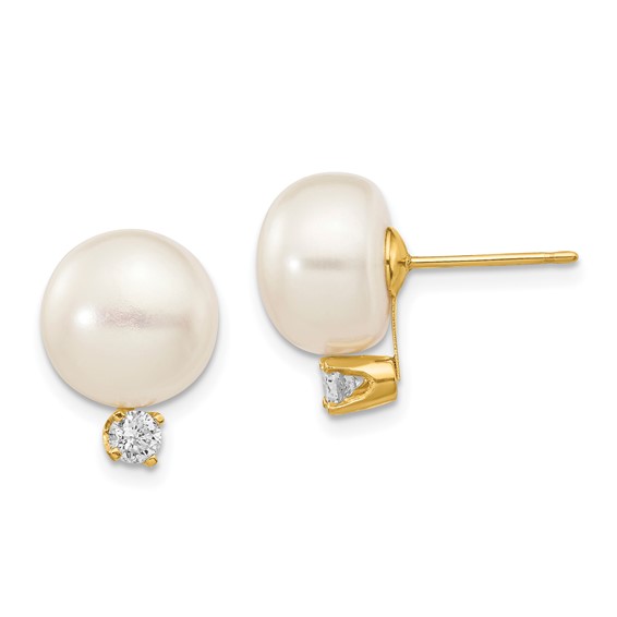 14k 10-11mm White Button Freshwater Cultured Pearl and .2 Carat Diamond Post Earrings