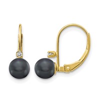 14K Yellow Gold 5-6mm Black Near-Round Freshwater Cultured Pearl and.03 Carat AA Diamond Leverback Earrings view 1