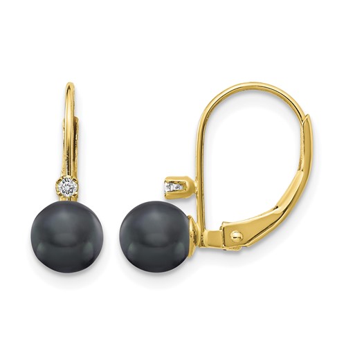 14K Yellow Gold 5-6mm Black Near-Round Freshwater Cultured Pearl and.03 Carat AA Diamond Leverback Earrings