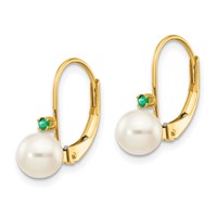 14K Yellow Gold 5-5.5mm White Round Freshwater Cultured Pearl and.03EM Emerald Leverback Earrings view 2