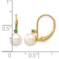 14K Yellow Gold 5-5.5mm White Round Freshwater Cultured Pearl and.03EM Emerald Leverback Earrings view 4