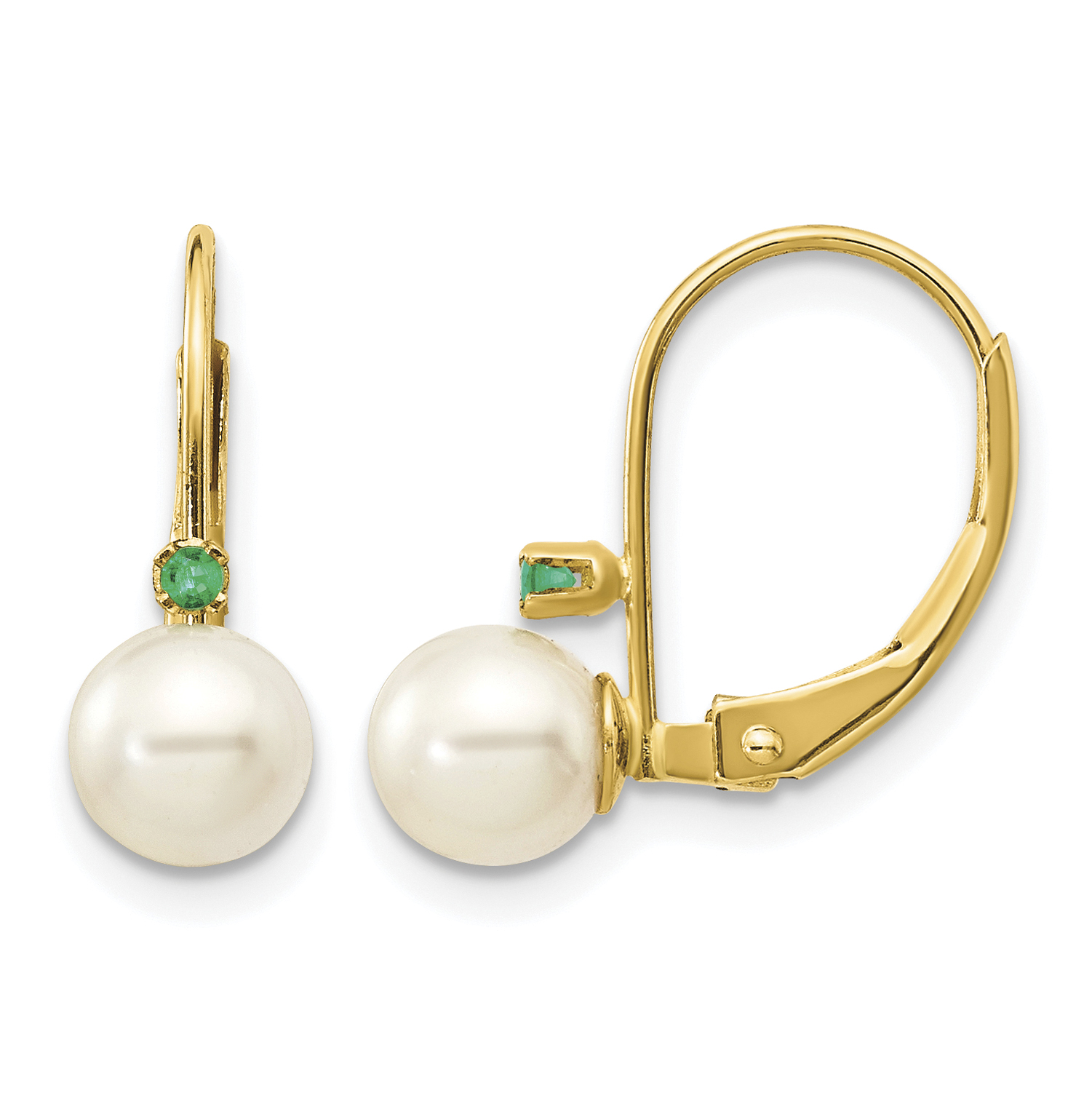 14k 5-5.5mm White Round FW Cultured Pearl Emerald Leverback Earrings (XLB50E/PL)