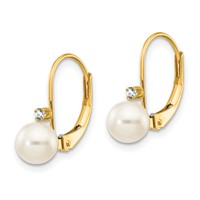 14K Yellow Gold 5-6mm White Near-Round Freshwater Cultured Pearl and.03 Carat AA Diamond Leverback Earrings view 2