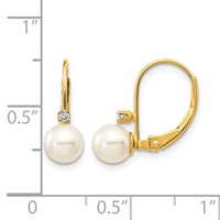 14K Yellow Gold 5-6mm White Near-Round Freshwater Cultured Pearl and.03 Carat AA Diamond Leverback Earrings view 4