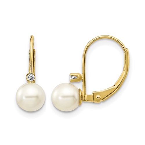 14K Yellow Gold 5-6mm White Near-Round Freshwater Cultured Pearl and.03 Carat AA Diamond Leverback Earrings