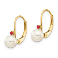 14K Yellow Gold 5-5.5mm White Round Freshwater Cultured Pearl and.04RU Ruby Leverback Earrings view 2