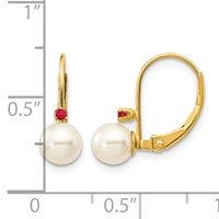 14K Yellow Gold 5-5.5mm White Round Freshwater Cultured Pearl and.04RU Ruby Leverback Earrings view 4