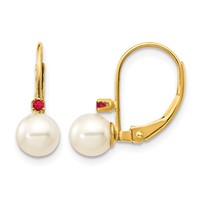14K Yellow Gold 5-5.5mm White Round Freshwater Cultured Pearl and.04RU Ruby Leverback Earrings view 1