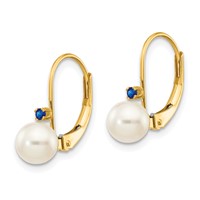 14K Yellow Gold 5-5.5mm White Round Freshwater Cultured Pearl and.04SA Sapphire Leverback Earrings view 2