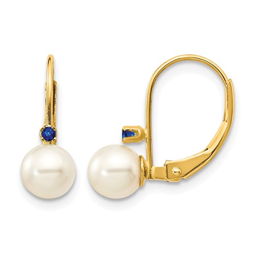 14K Yellow Gold 5-5.5mm White Round Freshwater Cultured Pearl and.04SA Sapphire Leverback Earrings