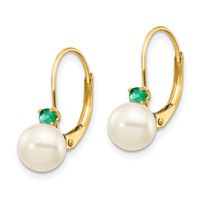 14K Yellow Gold 6-6.5mm White Round Freshwater Cultured Pearl and.14EM Emerald Leverback Earrings view 2