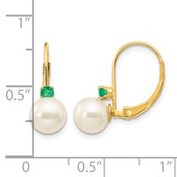 14K Yellow Gold 6-6.5mm White Round Freshwater Cultured Pearl and.14EM Emerald Leverback Earrings view 4