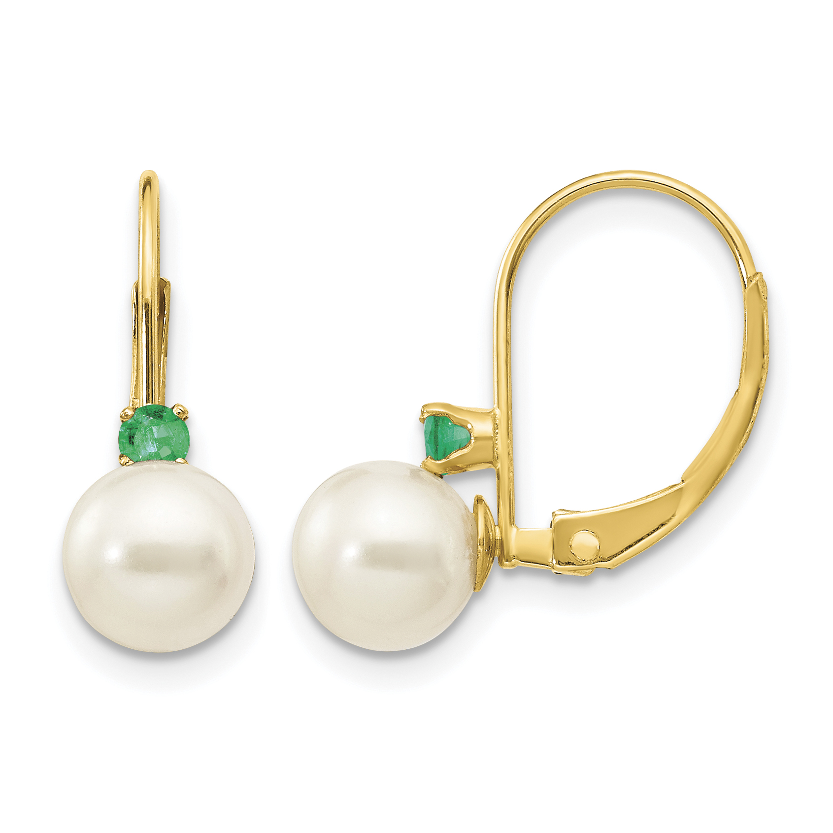 14k 6-6.5mm White Round FW Cultured Pearl Emerald Leverback Earrings (XLB60E/PL)