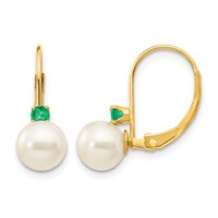 14K Yellow Gold 6-6.5mm White Round Freshwater Cultured Pearl and.14EM Emerald Leverback Earrings view 1