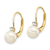 14K Yellow Gold 6-7mm White Near-Round Freshwater Cultured Pearl and.11 Carat AA Diamond Leverback Earrings view 2