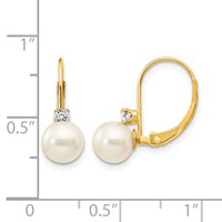 14K Yellow Gold 6-7mm White Near-Round Freshwater Cultured Pearl and.11 Carat AA Diamond Leverback Earrings view 4