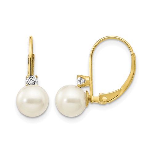 14K Yellow Gold 6-7mm White Near-Round Freshwater Cultured Pearl and.11 Carat AA Diamond Leverback Earrings