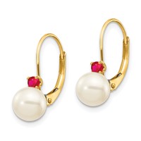 14K Yellow Gold 6-6.5mm White Round Freshwater Cultured Pearl and.18RU Ruby Leverback Earrings view 2