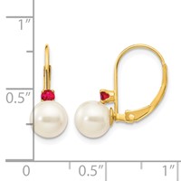 14K Yellow Gold 6-6.5mm White Round Freshwater Cultured Pearl and.18RU Ruby Leverback Earrings view 4