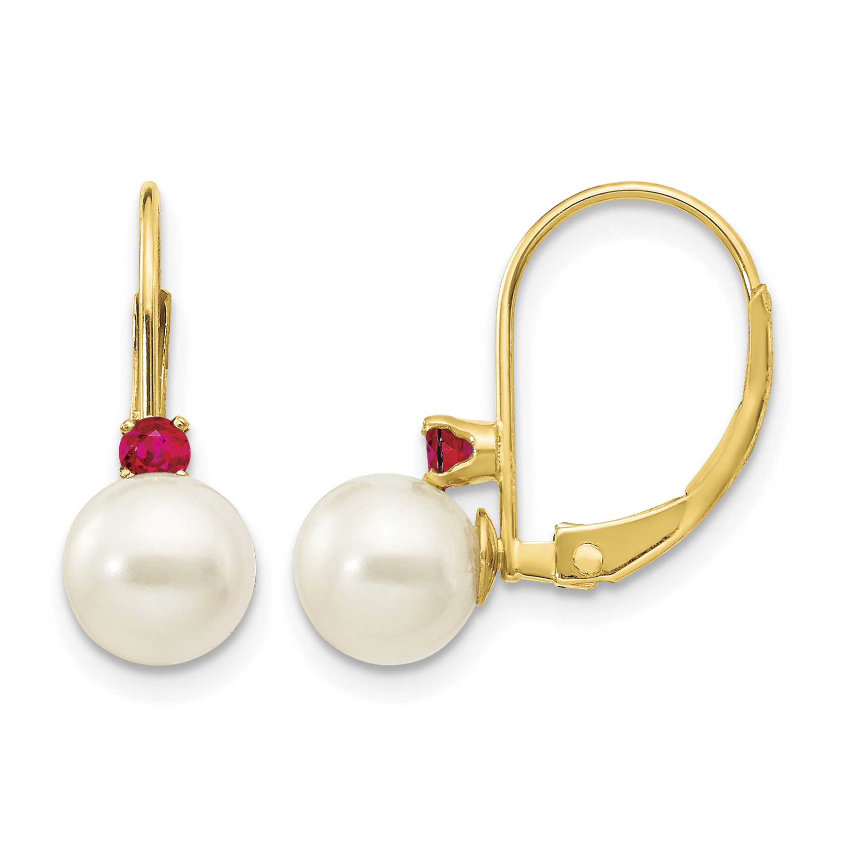 14k 6-6.5mm White Round FW Cultured Pearl Ruby Leverback Earrings (XLB60R/PL)