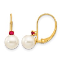 14K Yellow Gold 6-6.5mm White Round Freshwater Cultured Pearl and.18RU Ruby Leverback Earrings view 1