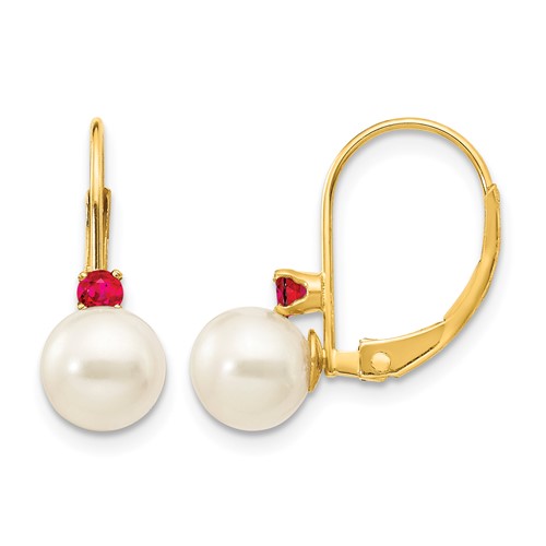 14K Yellow Gold 6-6.5mm White Round Freshwater Cultured Pearl and.18RU Ruby Leverback Earrings