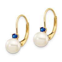 14K Yellow Gold 6-6.5mm White Round Freshwater Cultured Pearl and.20SA Sapphire Leverback Earrings view 2