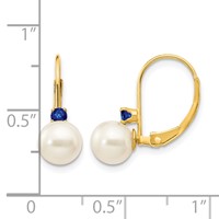 14K Yellow Gold 6-6.5mm White Round Freshwater Cultured Pearl and.20SA Sapphire Leverback Earrings view 4