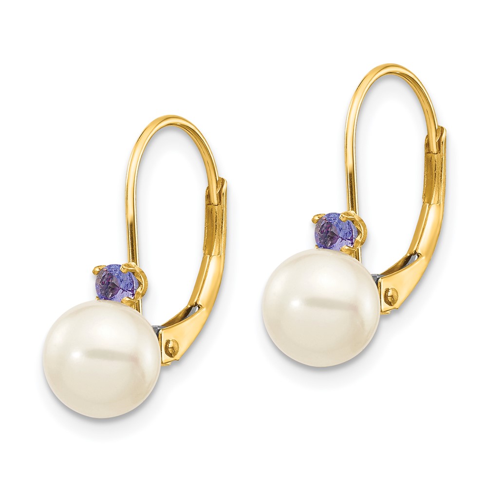14k 6-6.5mm White Round FW Cultured Pearl Tanzanite Leverback Earrings (XLB60T/PL)