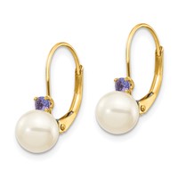 14K Yellow Gold 6-6.5mm White Round Freshwater Cultured Pearl and.14TZ Tanzanite Leverback Earrings view 2