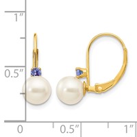 14K Yellow Gold 6-6.5mm White Round Freshwater Cultured Pearl and.14TZ Tanzanite Leverback Earrings view 4