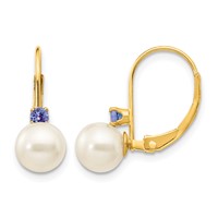 14K Yellow Gold 6-6.5mm White Round Freshwater Cultured Pearl and.14TZ Tanzanite Leverback Earrings view 1