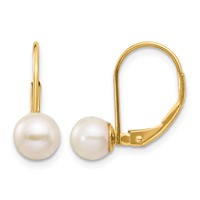 14K Yellow Gold 6-7mm White Round Freshwater Cultured Pearl Leverback Earrings view 1